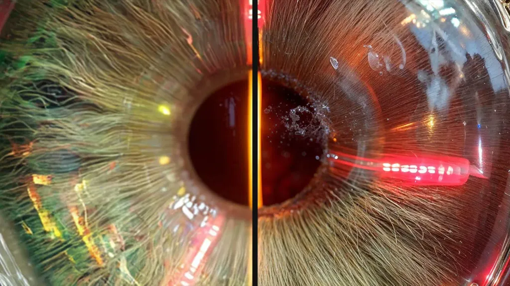 Extreme close-up of a human iris, split to compare detail before and after Magnific AI upscaling