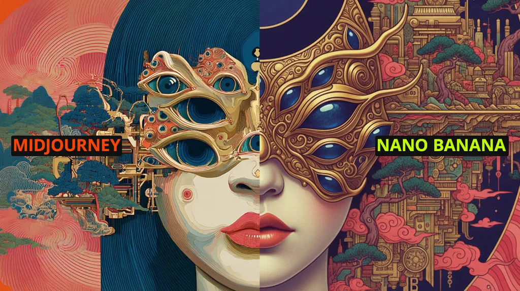 Split portrait of a masked figure labelled Midjourney on the left and Nano Banana on the right