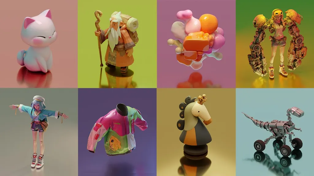 Eight 3D-rendered figurines on coloured backgrounds, generated from Midjourney images with Tripo AI